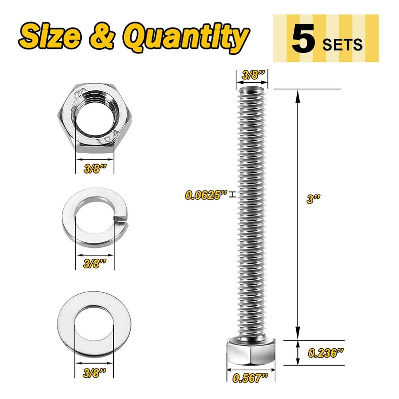 MYWISH (5 Sets) 3/8-16x3 Hex Head Nuts and Bolts with Flat & Lock Washers, 304 Stainless Steel Bolts and Nuts Kit 18-8, Fully Threaded, 3/8 Bolt, 3/8 - Image 2